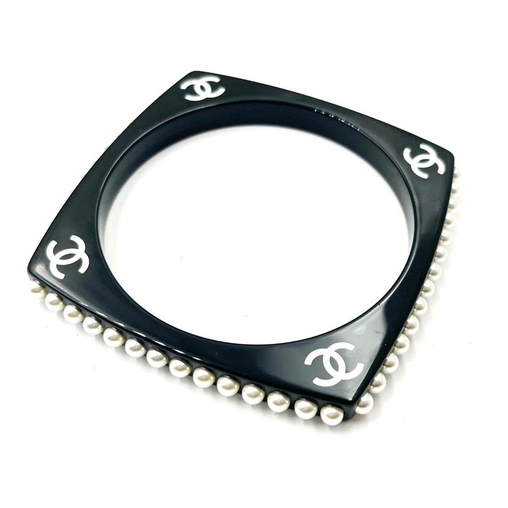 Chanel White CC Black Resin Pearl Edge Bangle Bracelet